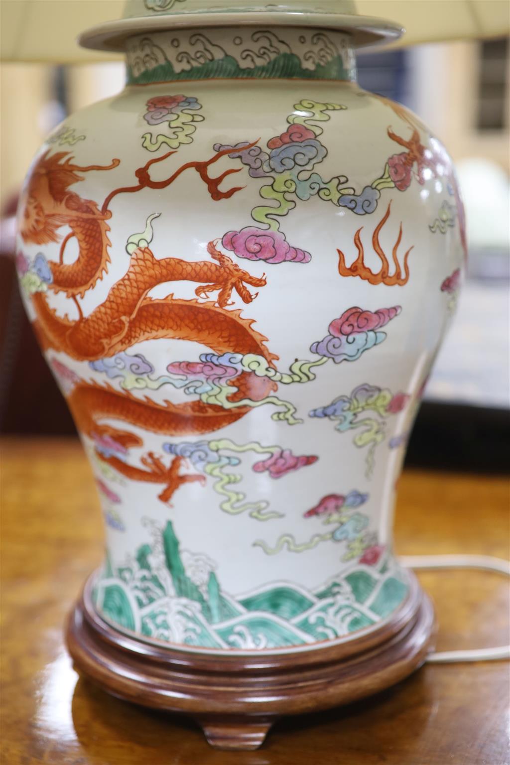 A pair of large Chinese famille rose dragon table lamps